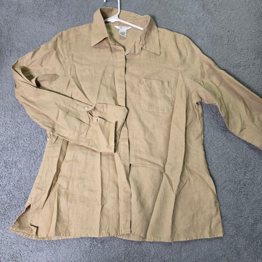 Richard Malcolm Womens XL Button Down Shirt Tan 100% Irish Linen Long Sleeve Top